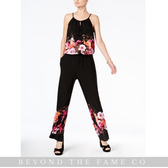 International Concepts Womens Petite Floral-Print Tie-Waist Jumpsuit I.N.C
